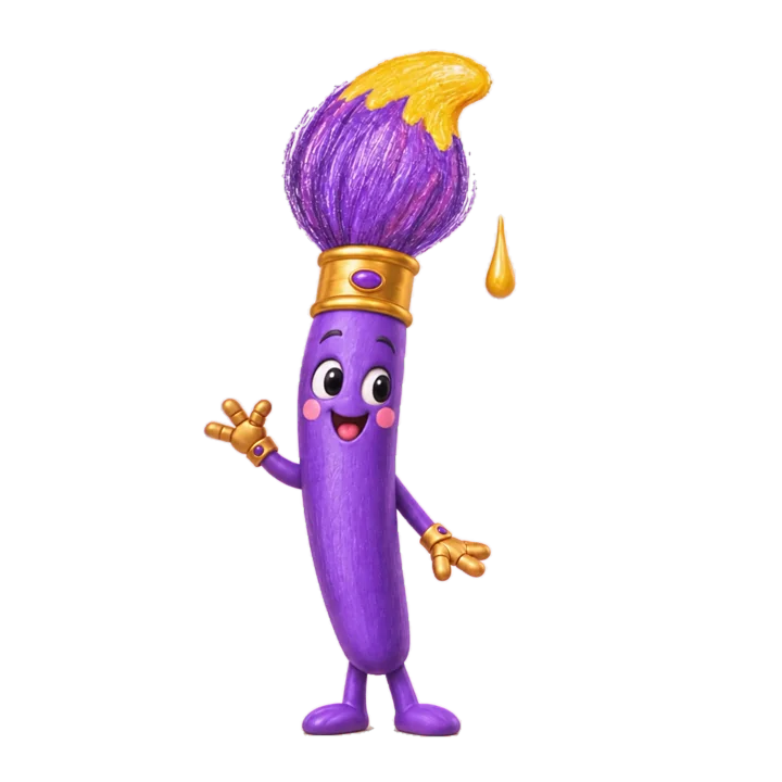 Kaboomby, a purple paintbrush with a gold band and a swoop of yellow paint on his bristles, standing on the stage.